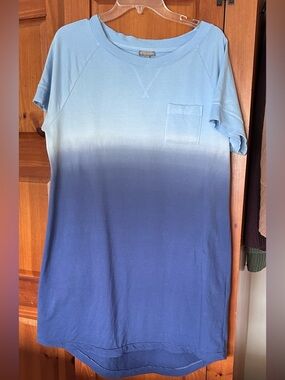 T By Talbots French Terry T-Shirt Dress in the Lakeside/Indigo Blue Dip Dye